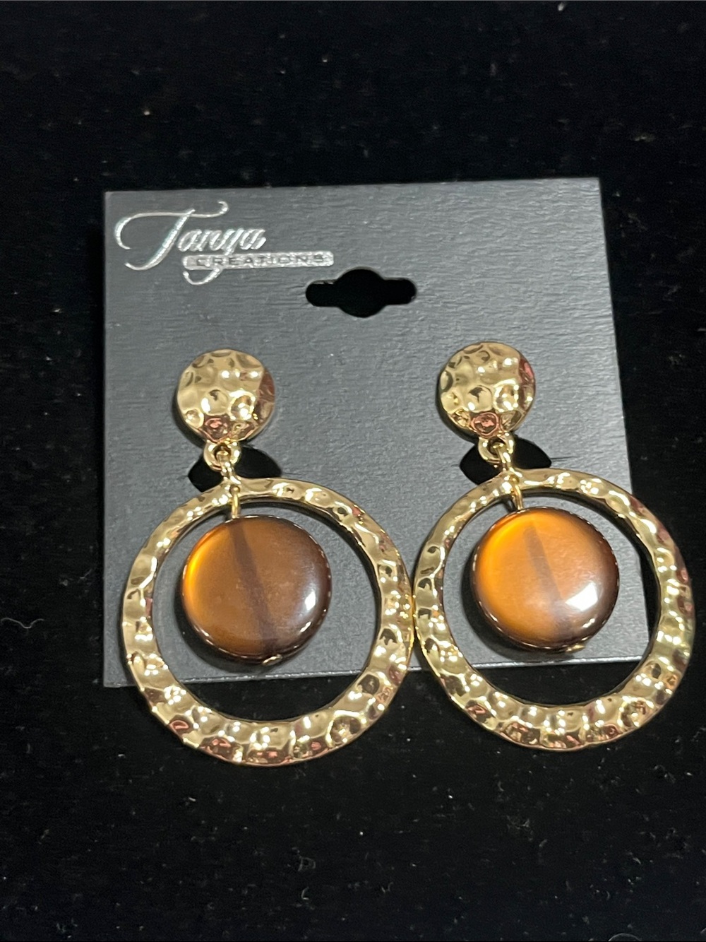 Gold Hoop Drop Clip Earrings with Amber Cabochon